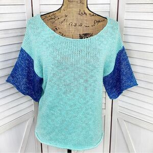 Julie Color Block Chunky Knit Sweater Green Blue Medium Large Short Sleeve